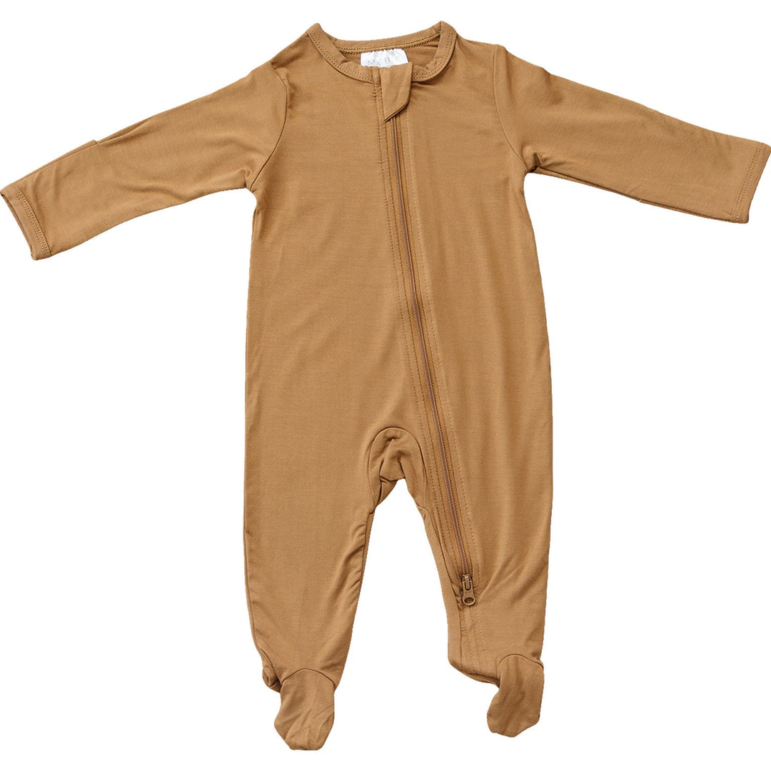 Mebie Baby Mustard Bamboo Footed Zipper laid flat to show the fabric and design of this footed baby pajama