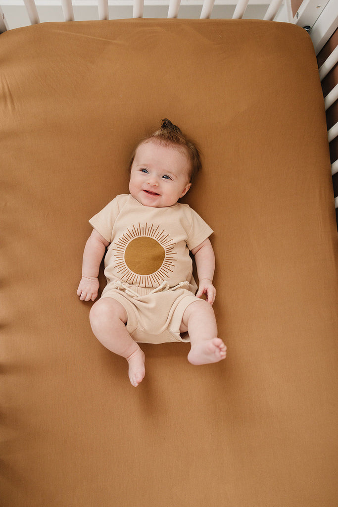 Cozy Mebie Baby Mustard Bamboo Crib Sheet snug and stylish crib sheet size