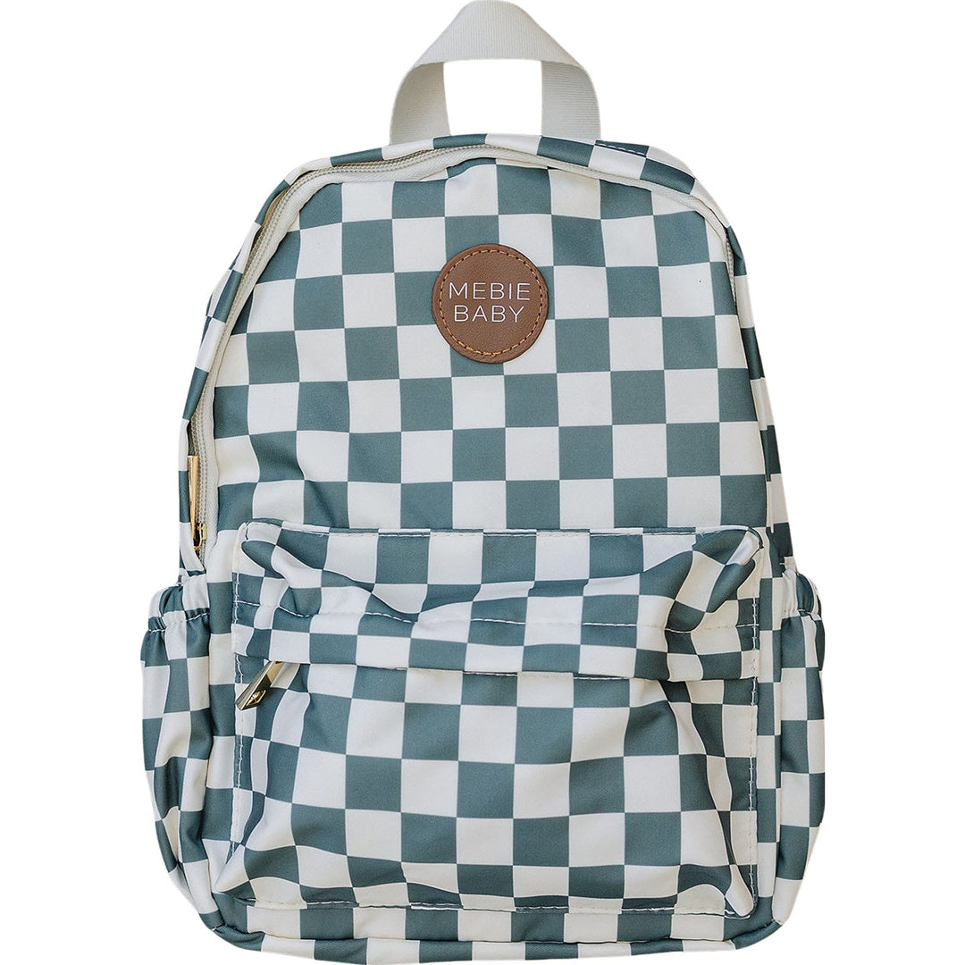 Mebie Baby Green Checkered Mini Backpack displayed on a table, a stylish mini backpack perfect for kids' everyday use