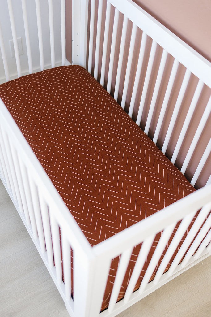 Mebie Baby Rust Mudcloth Muslin Crib Sheet, baby crib sheets with a stylish mudcloth design