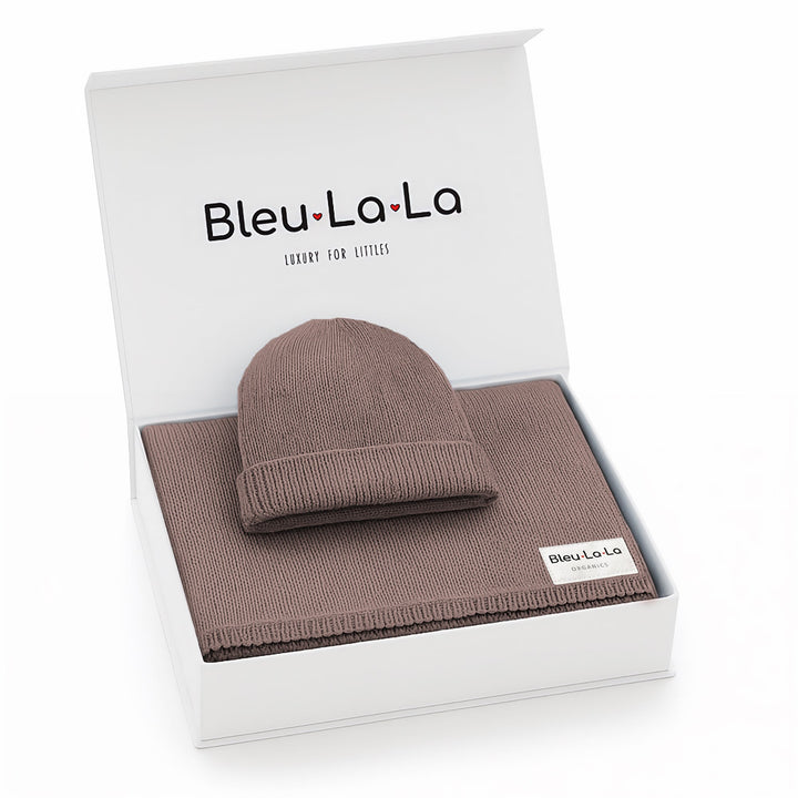Bleu La La brown organic cotton knit baby blanket and hat set in gift box, cozy premium cotton