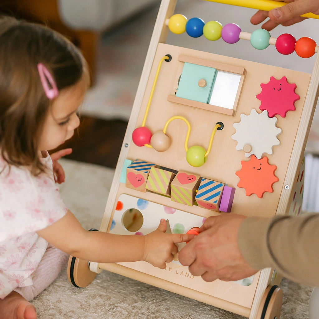 Tiny Land® Premium Natural Wooden Activity Walker with rainbow colors and blocks for toddlers