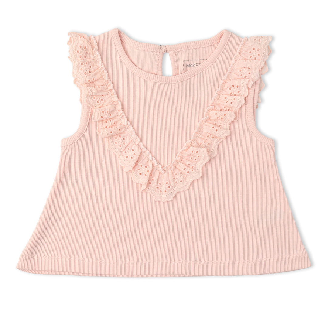 MakeMake Organics Blush Ruffle Set flat lay - soft organic cotton feminine toddler clothing set