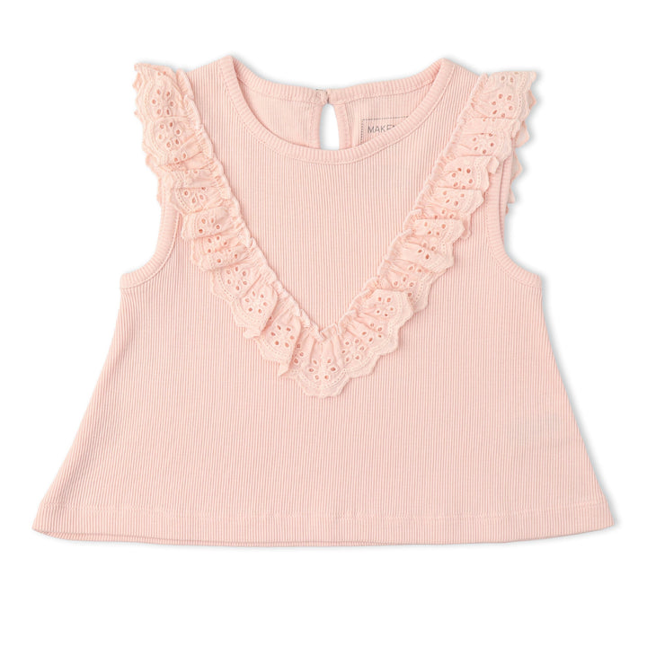 MakeMake Organics Blush Ruffle Set flat lay - soft organic cotton feminine toddler clothing set