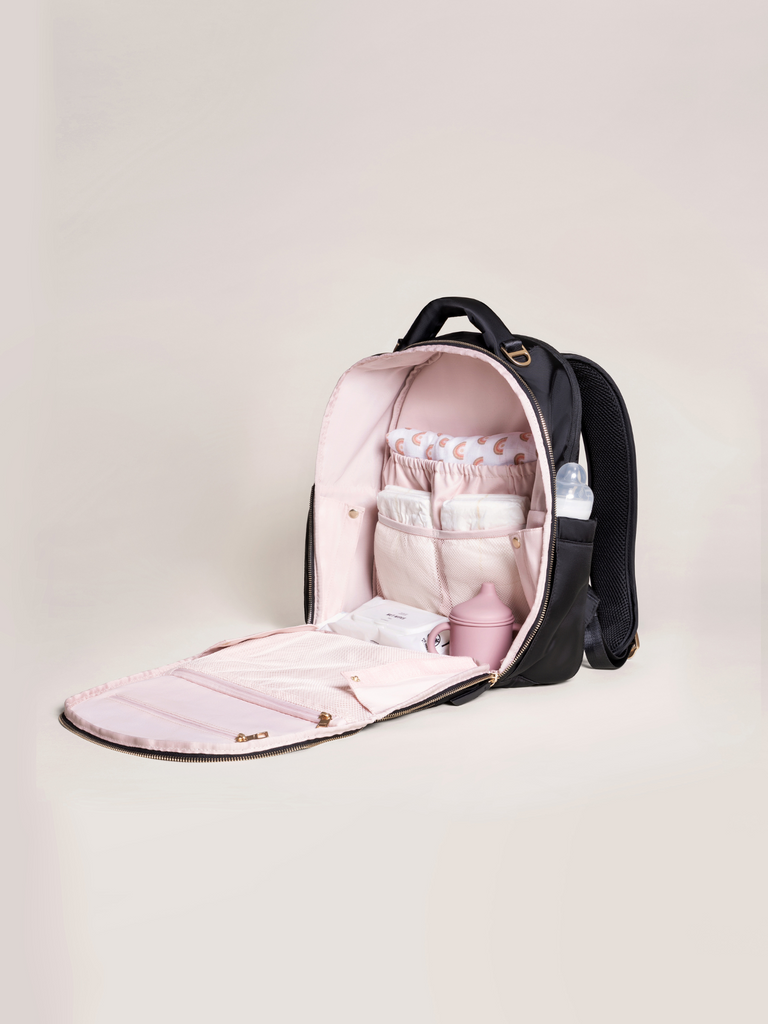 JuJuBe Classic Diaper Backpack in Black, a wate-resistant diaper bag and compact diaper bag