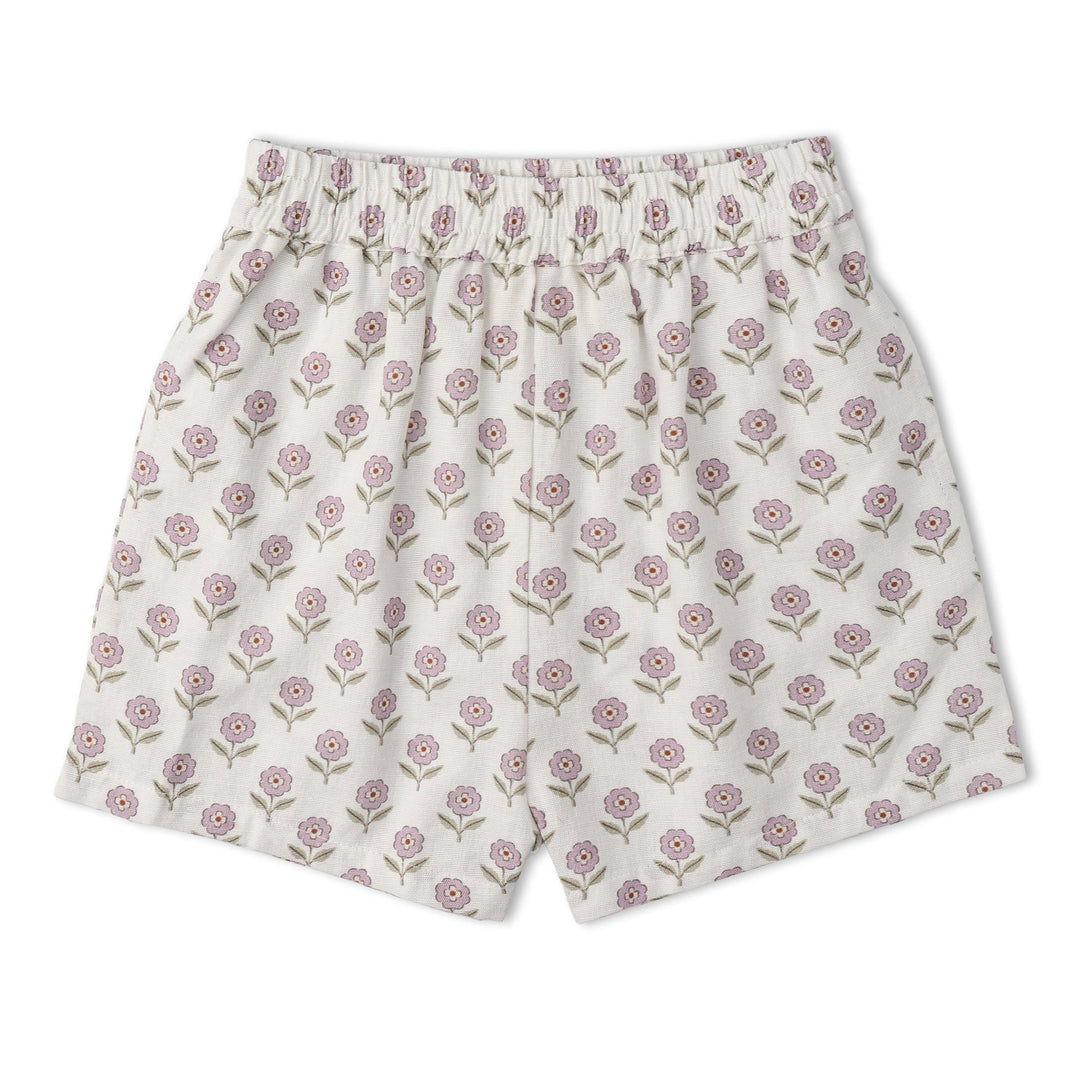 Organic lavender tie-front top and shorts detail - MakeMake Organics adjustable toddler summer set