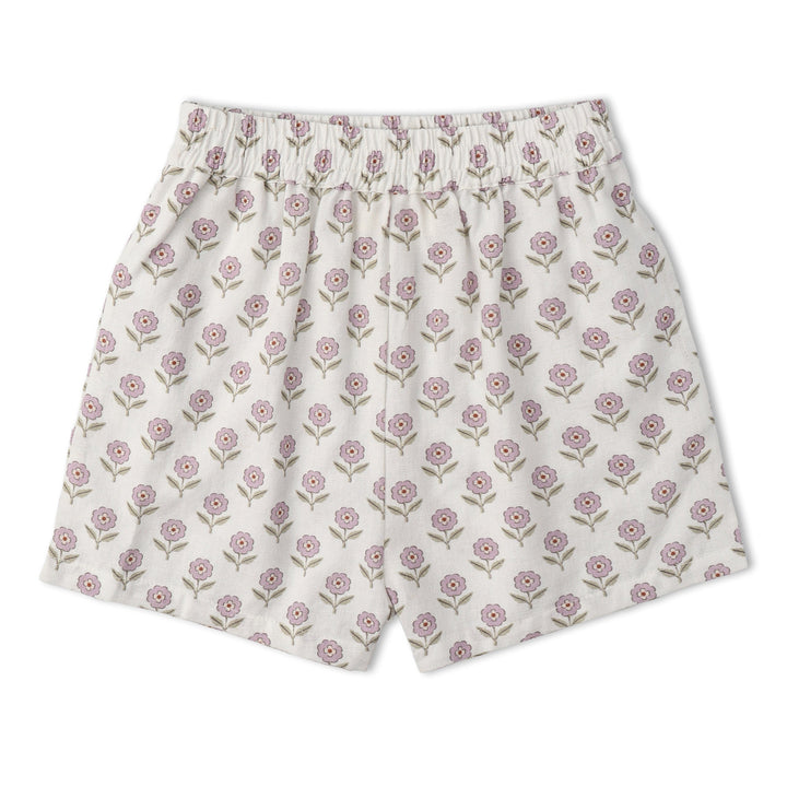 Organic lavender tie-front top and shorts detail - MakeMake Organics adjustable toddler summer set
