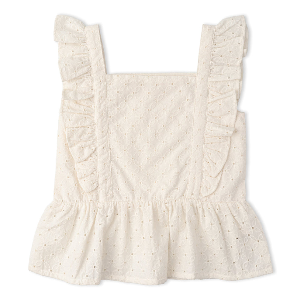 MakeMake Organics Ivory Eyelet Set lifestyle - breathable organic eyelet toddler summer outfit