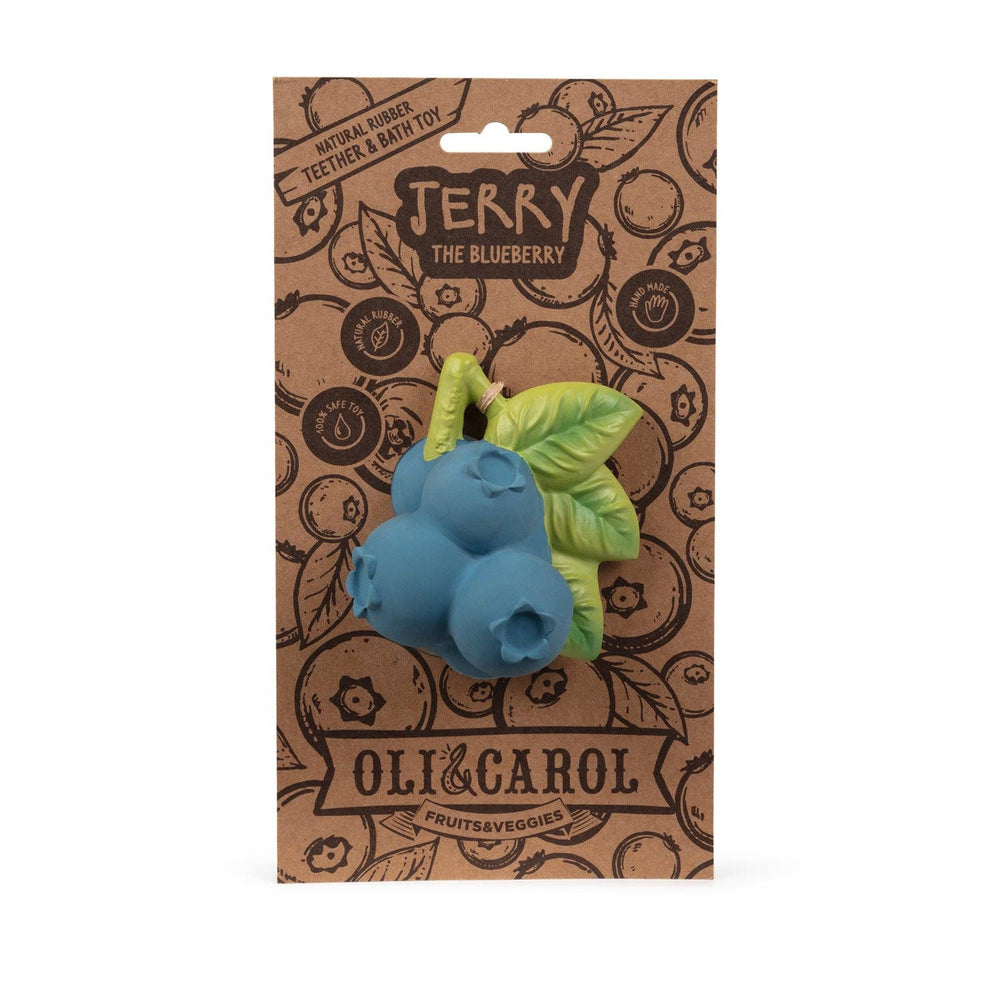 Jerry the Blueberry displayed inside its illustrated Oli & Carol packaging card