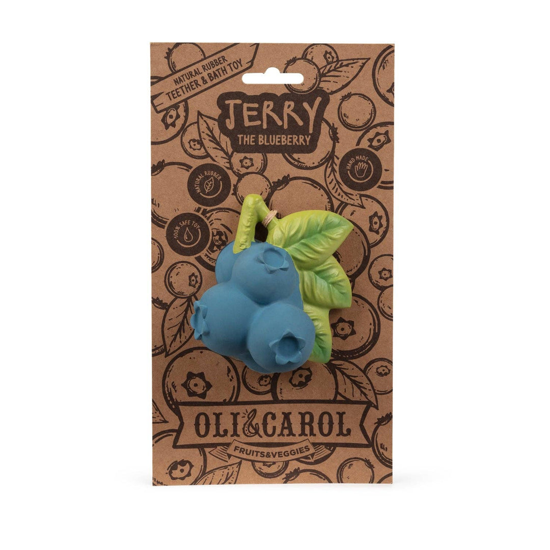 Jerry the Blueberry displayed inside its illustrated Oli & Carol packaging card