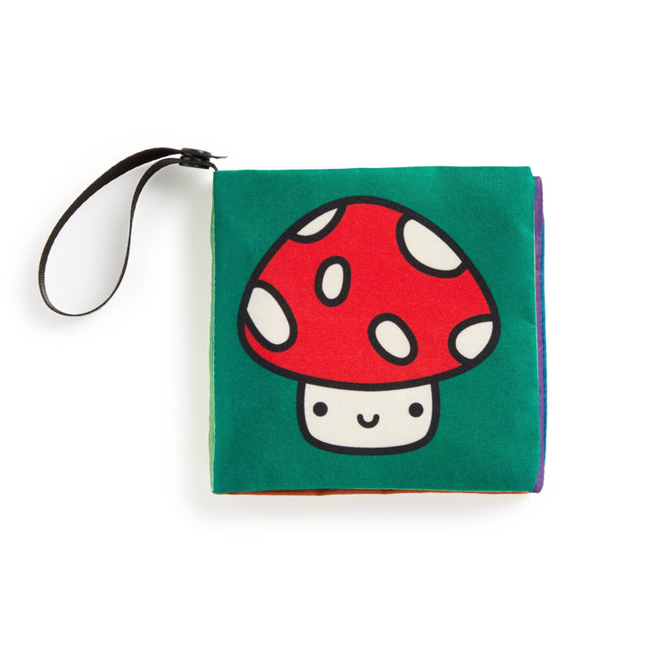 Mushroom page detail on Mudpuppy nature crinkle sensory book with stroller clip strap