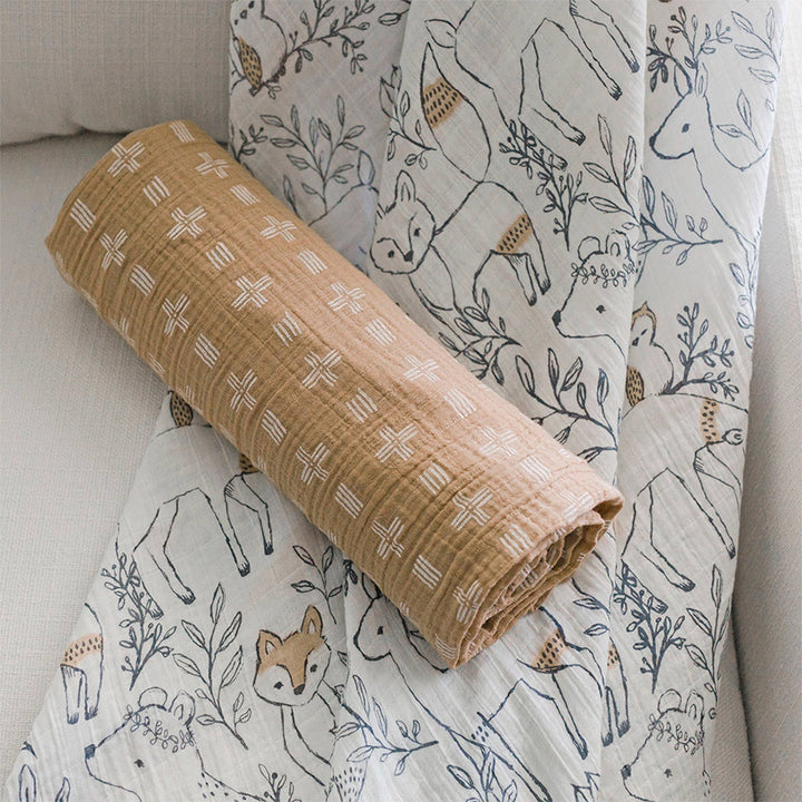 woodland creature illustration pattern organic cotton crane baby swaddle set