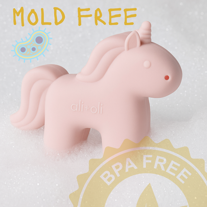 Ali+Oli mold free unicorn bath toy close up BPA free food grade silicone toddler bath toy safe for babies and easy to clean