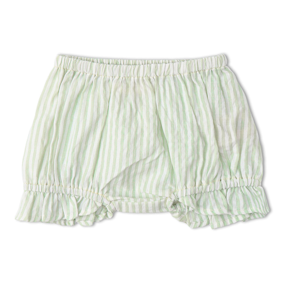 Organic basil stripe smocked bloomer set detail - MakeMake Organics GOTS certified infant outfit set