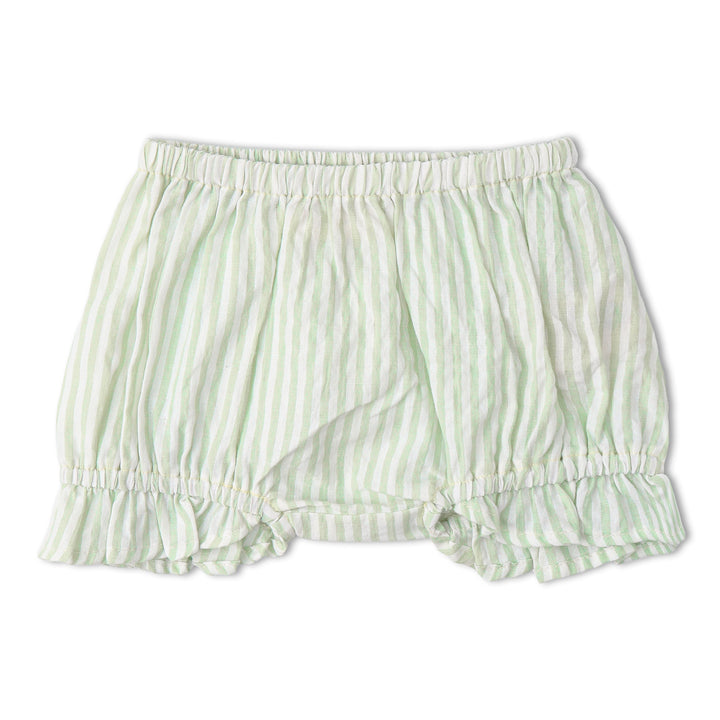 Organic basil stripe smocked bloomer set detail - MakeMake Organics GOTS certified infant outfit set