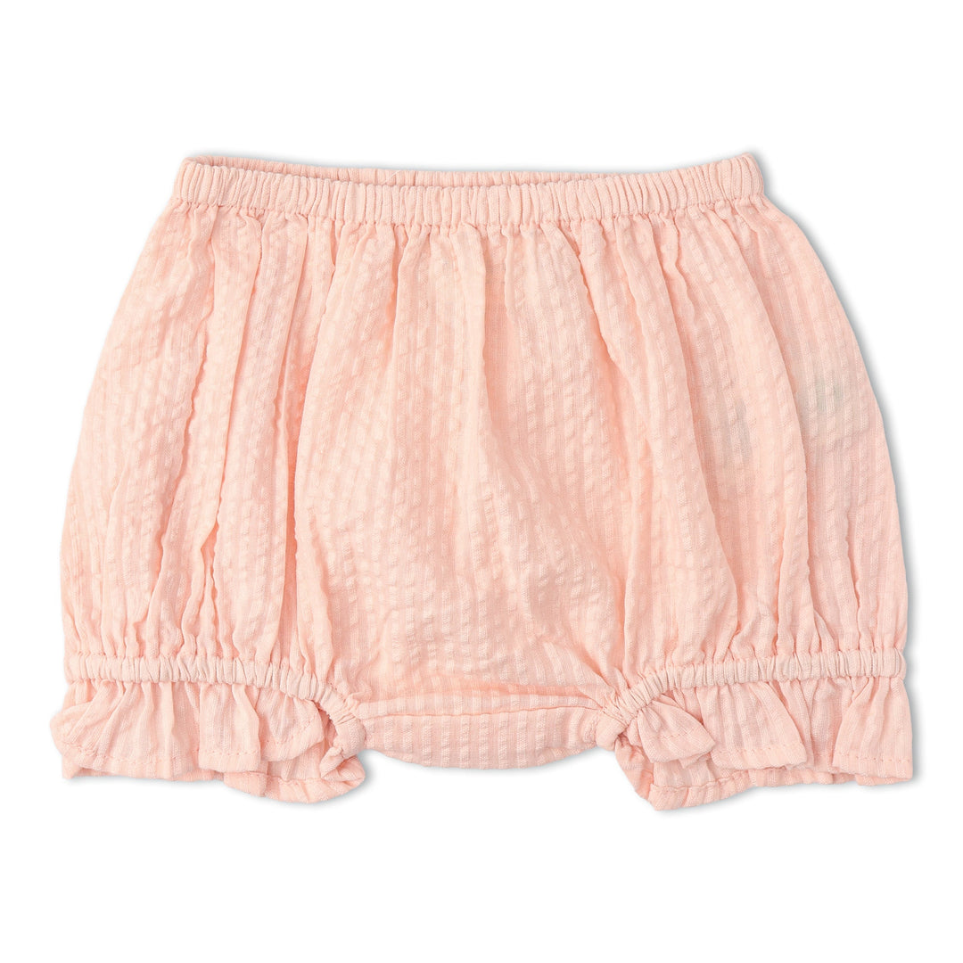 Organic blush smocked bloomer set detail - MakeMake Organics feminine heirloom baby outfit