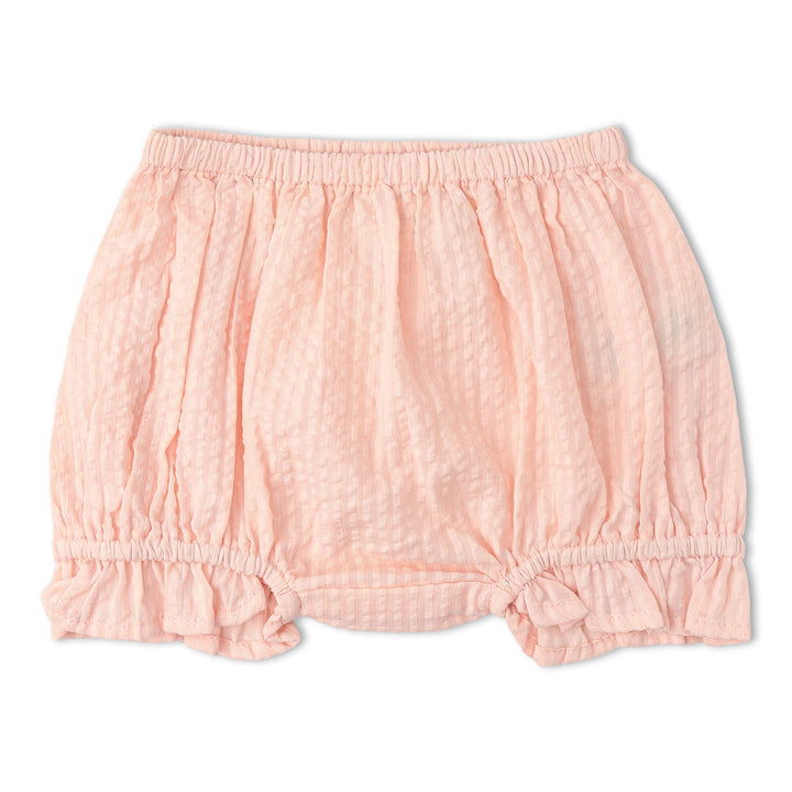 Organic blush smocked bloomer set detail - MakeMake Organics feminine heirloom baby outfit