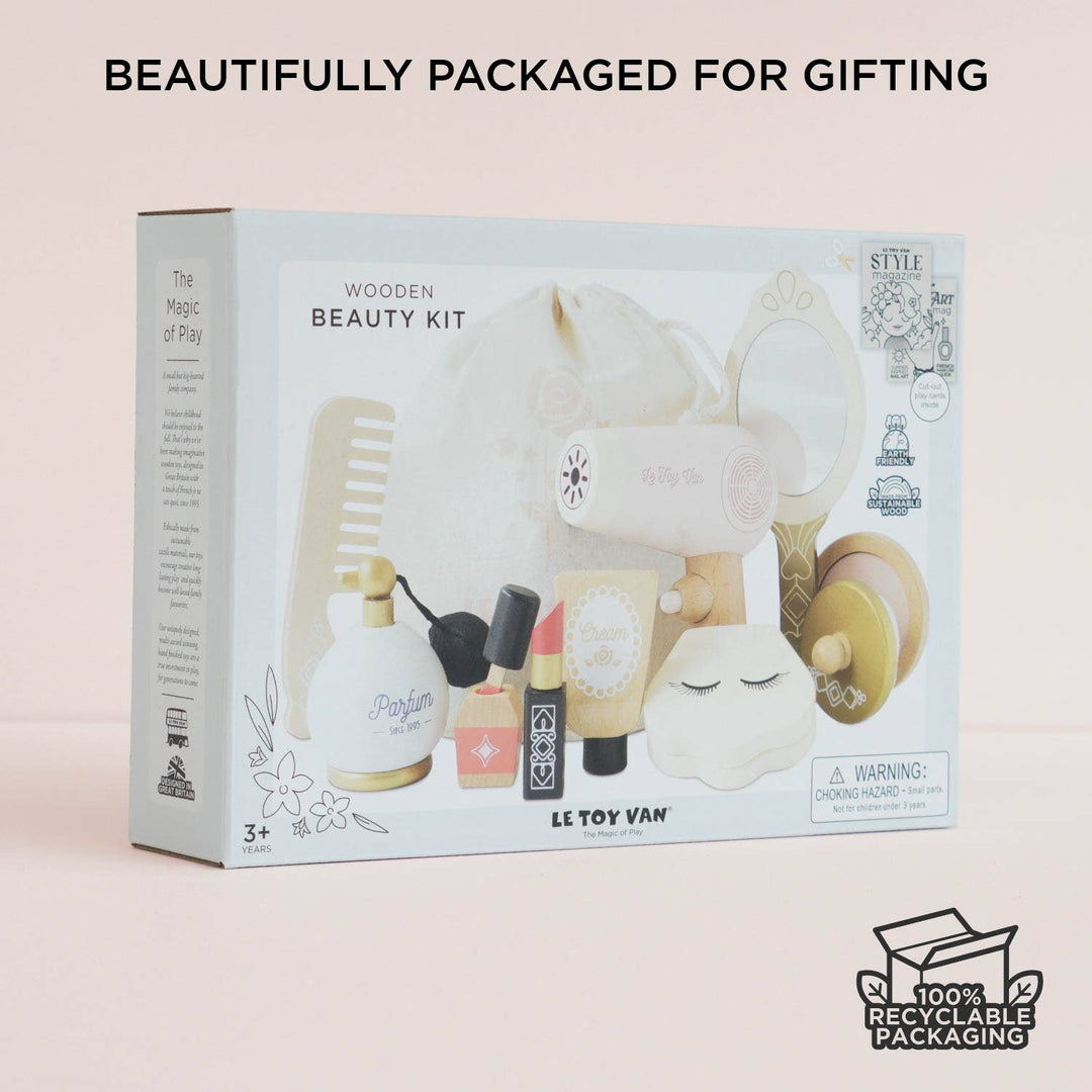 Le Toy Van star beauty bag with cotton carry case and wooden beauty accessories