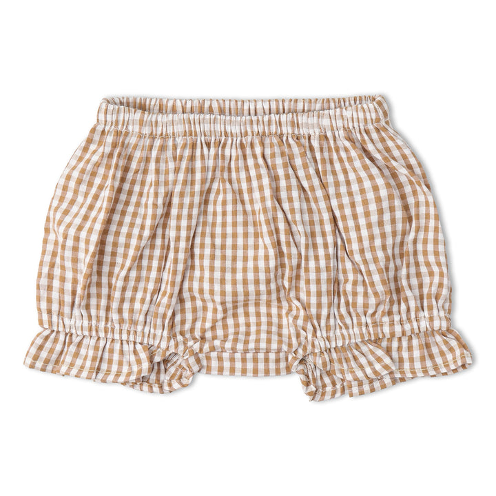 Organic caramel check smocked bloomer set detail - MakeMake Organics heirloom coordinated baby outfit