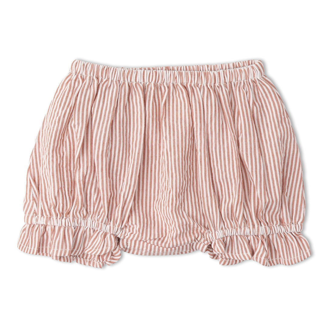 Organic coral stripe smocked bloomer set detail - MakeMake Organics heirloom baby outfit