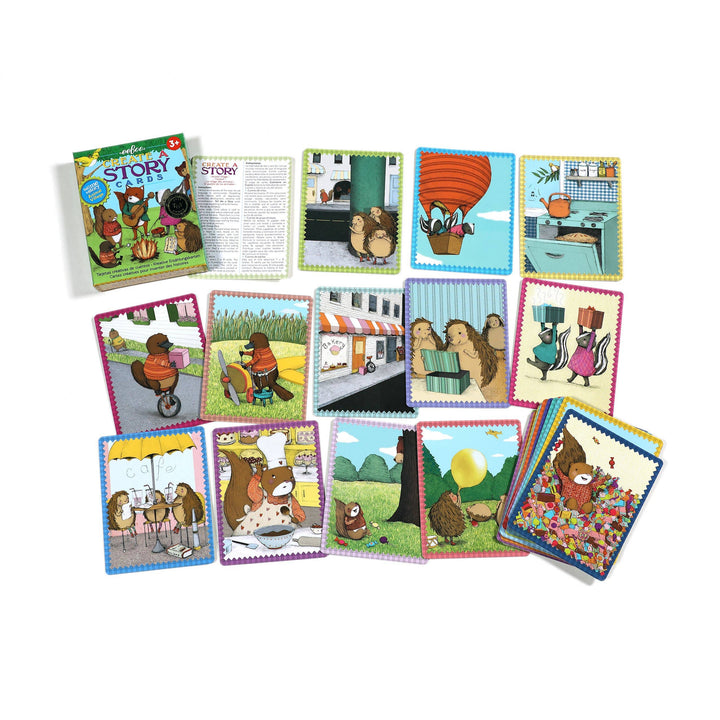 eeBoo Animal Village story card game showing village locations props and animal characters
