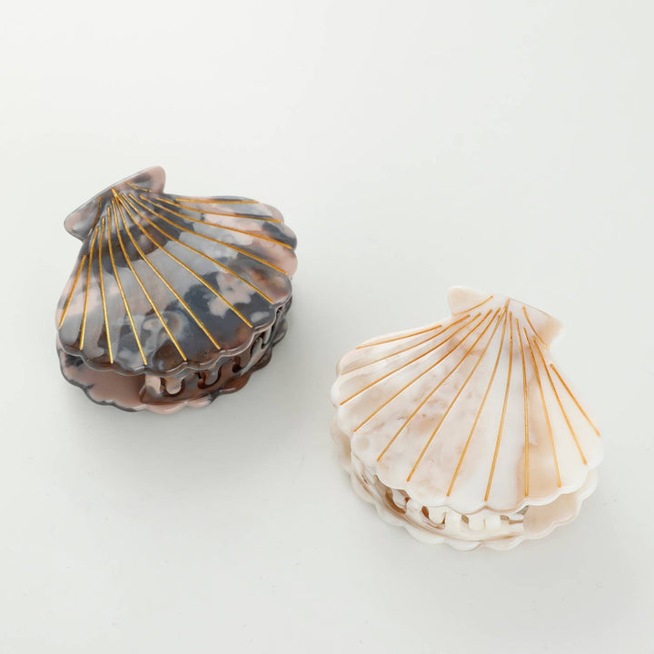 Adorro Calacatta Seashell Claw Clip Small marbled grey and gold cellulose acetate hair clip with hand-painted seashell design
