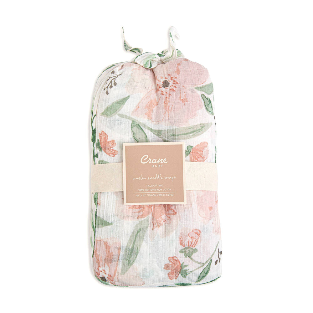 packaging of crane baby floral pink organic cotton newborn swaddle set 