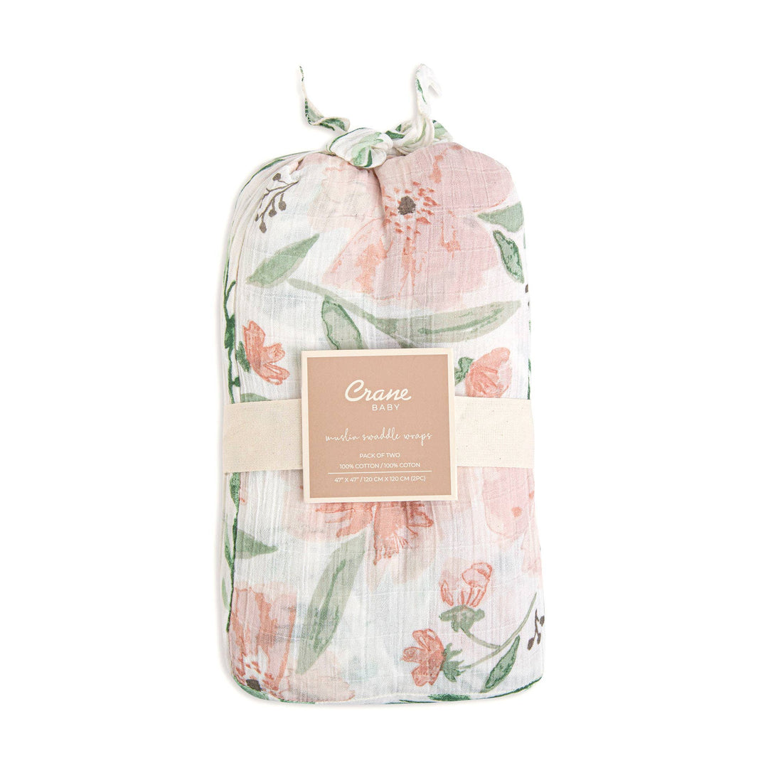 packaging of crane baby floral pink organic cotton newborn swaddle set 