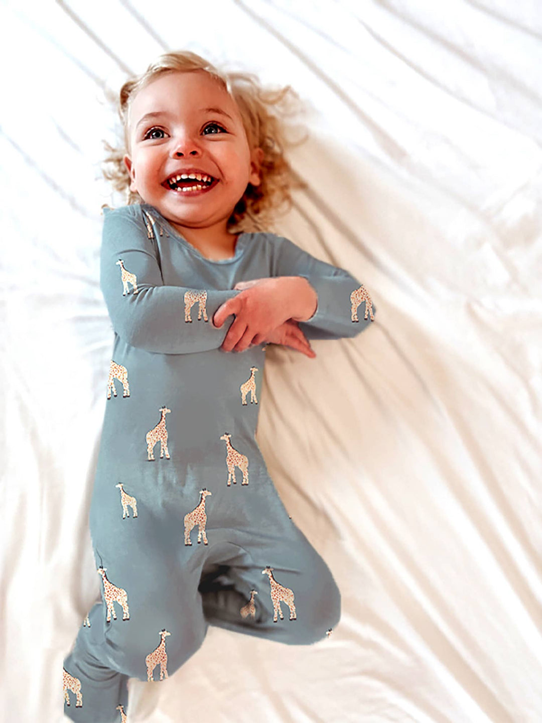 Gunamuna Convertible Baby Pajamas in Giraffe Moss, soft baby boy pajamas for delicate skin.