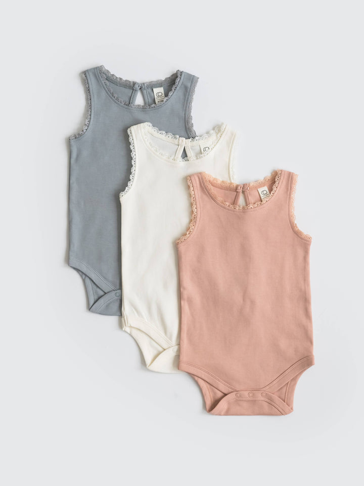 colored organics short sleeve lace bodysuit for babies with snap bottom 
