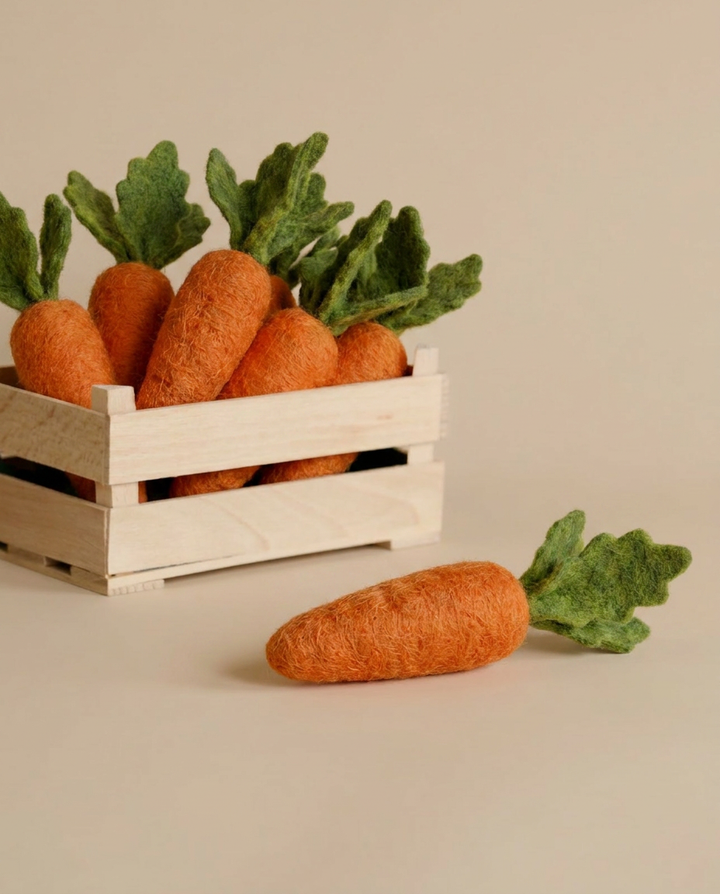 Side view of Kaddu Felt Carrot showing natural wool texture and detail