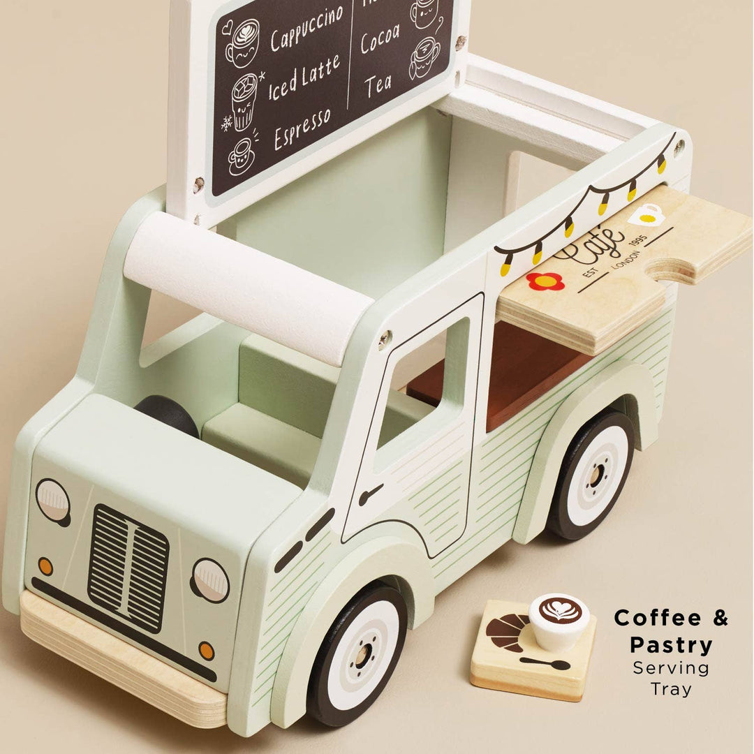 Overhead view of Le Toy Van Mobile Café Van with coffee and pastry serving tray, wooden barista play set