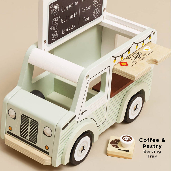Overhead view of Le Toy Van Mobile Café Van with coffee and pastry serving tray, wooden barista play set