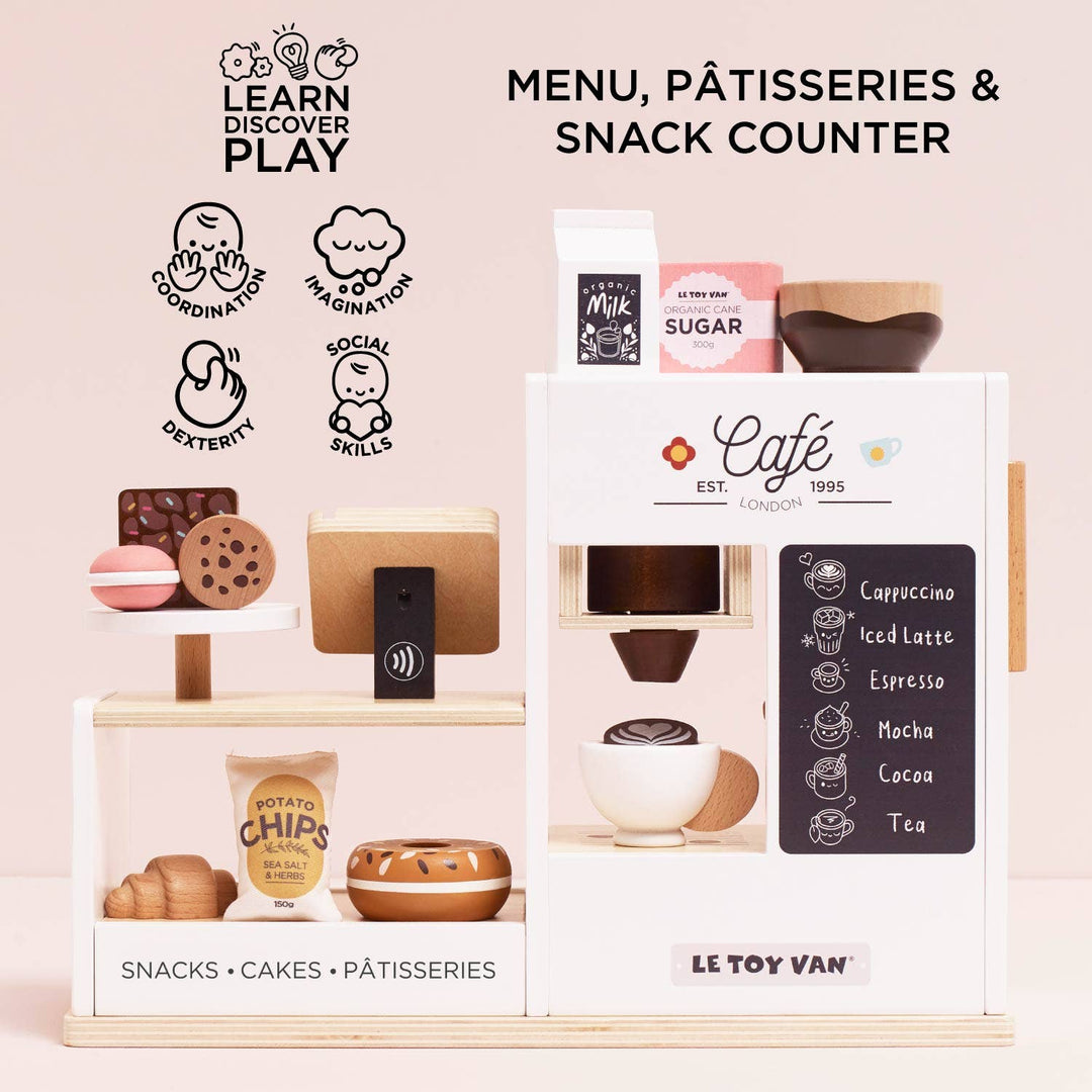 This Le Toy Van Barista CafŽ Shop wooden toy includes a detailed barista station for imaginative playtime fun