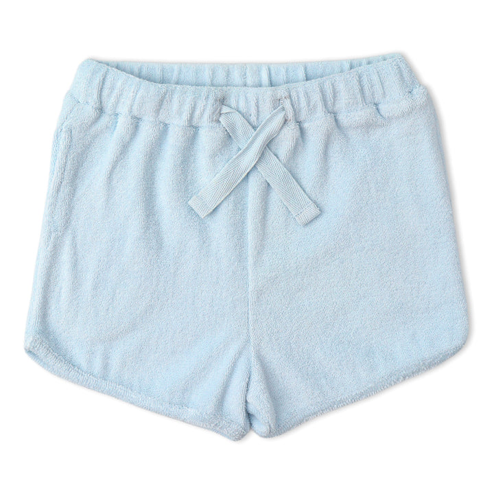 Organic light blue tee and shorts set detail - MakeMake Organics matching toddler separates