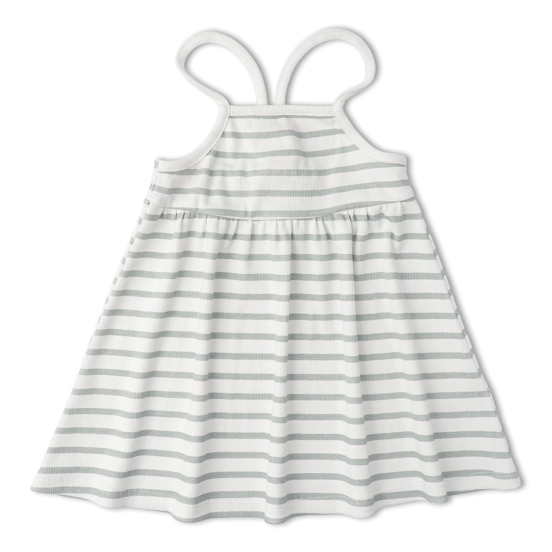 Baby wearing MakeMake Organics Fog Stripe Tie-Back Dress - muted organic cotton toddler dress