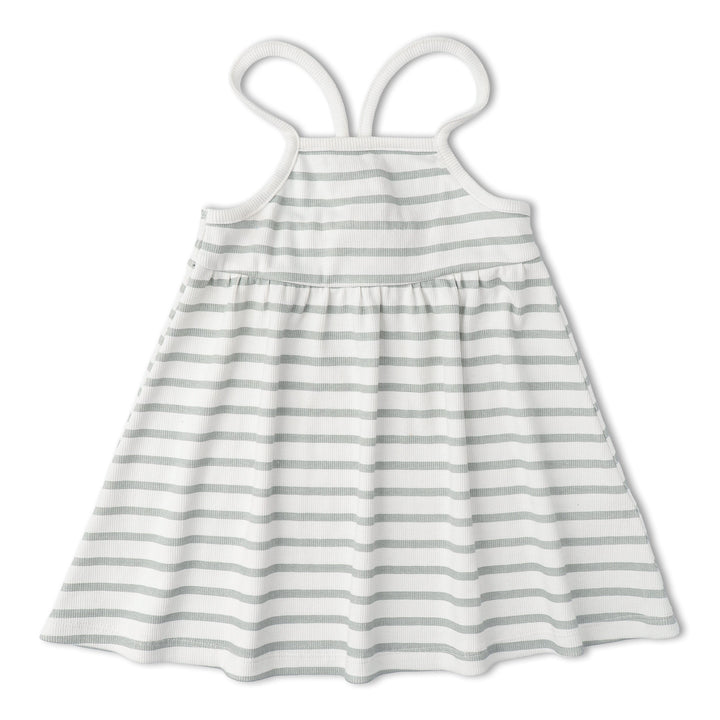 Baby wearing MakeMake Organics Fog Stripe Tie-Back Dress - muted organic cotton toddler dress