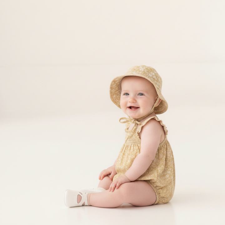 Yellow blossom ruffle sleeve romper back view - MakeMake Organics snap closure organic baby romper