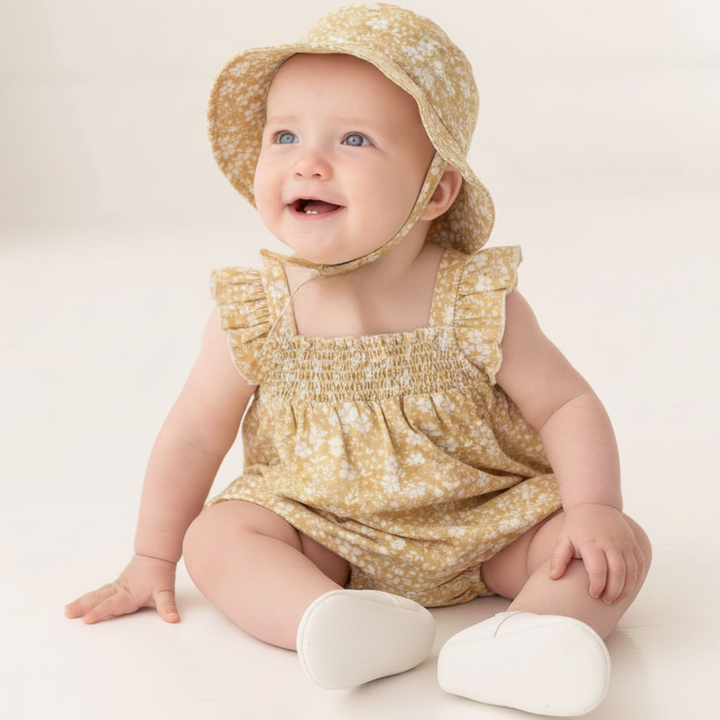 MakeMake Organics Ruffle Sleeve Bubble Romper Yellow Blossom - floral print detail organic cotton