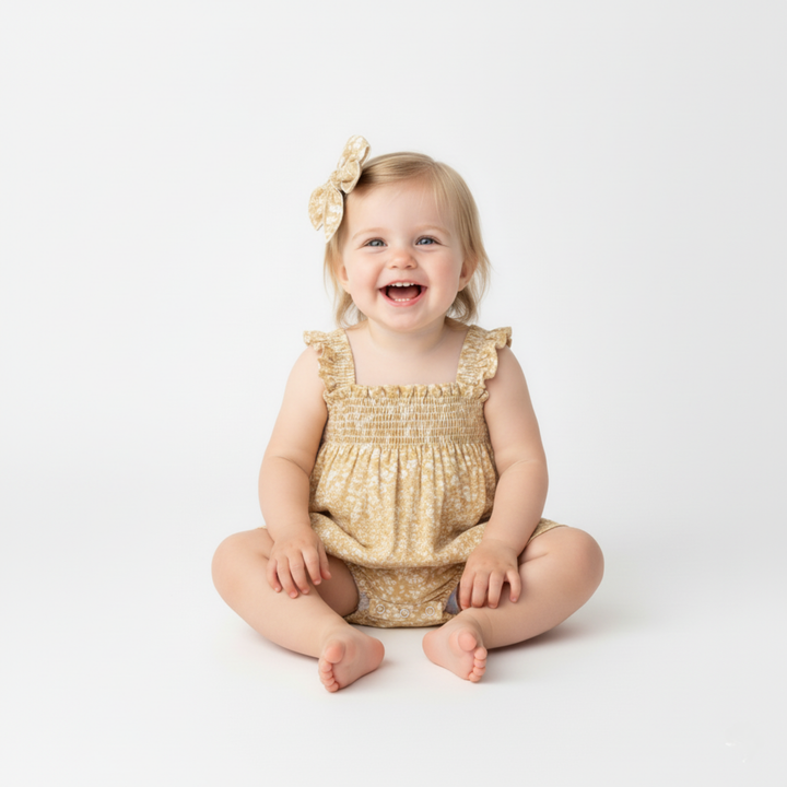 MakeMake Organics Yellow Blossom Ruffle Sleeve Bubble Romper - floral organic cotton baby romper