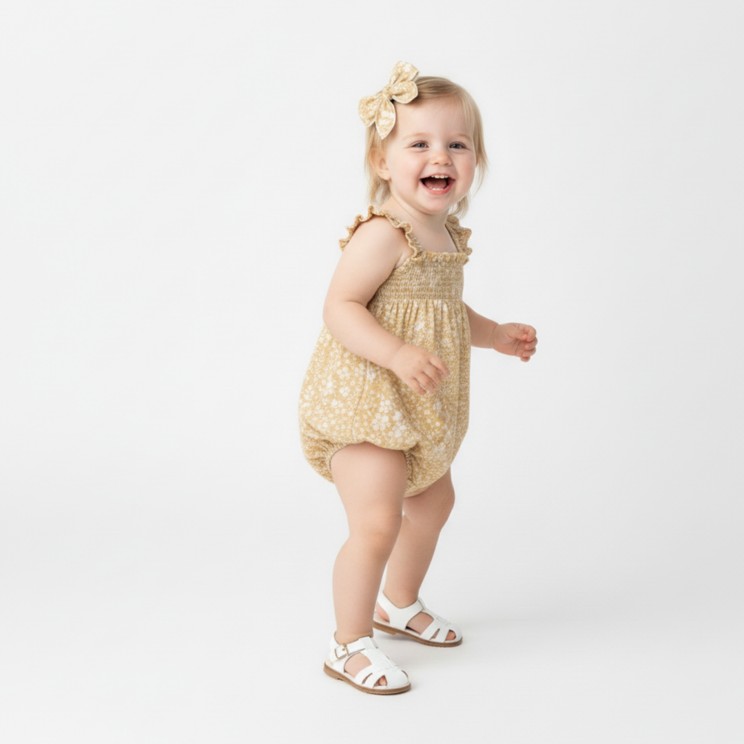 Organic ruffled baby romper in yellow blossom flat lay - MakeMake Organics summer infant outfit