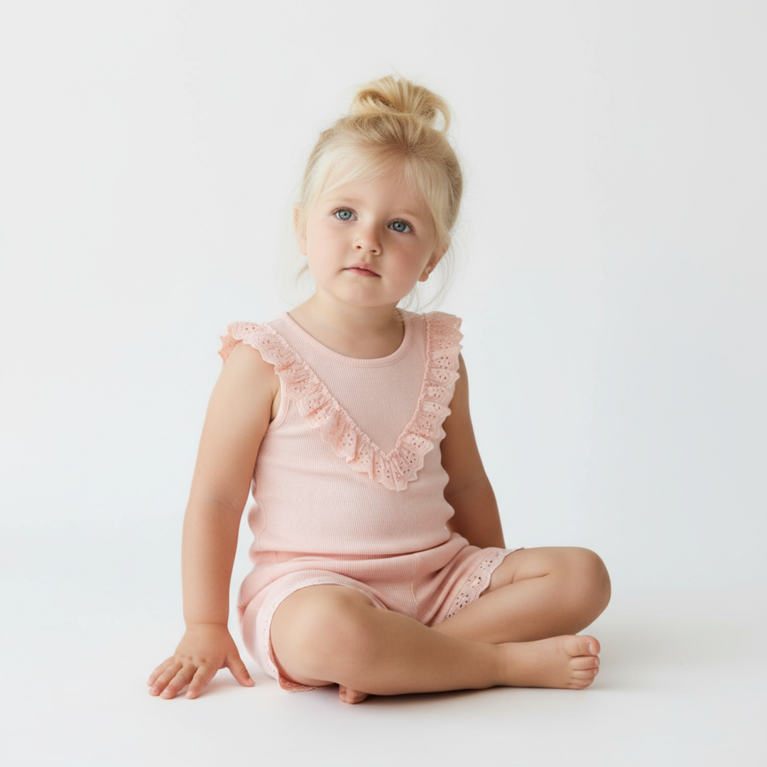 Blush ruffle top and shorts set back view - MakeMake Organics organic cotton coordinated toddler look
