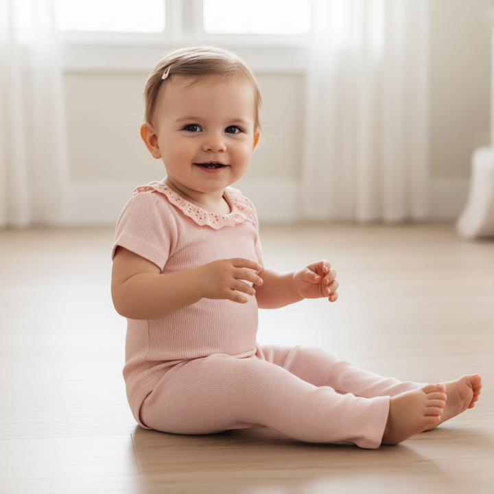 MakeMake Organics Blush Lace Collar Onesie and Tights Set - heirloom organic cotton baby outfit