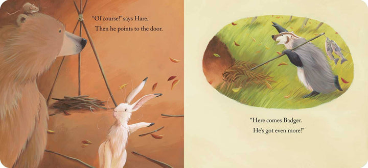 Bear Says Thanks board book spread with Bear and rabbit on a green hillside, a Simon & Schuster kids book