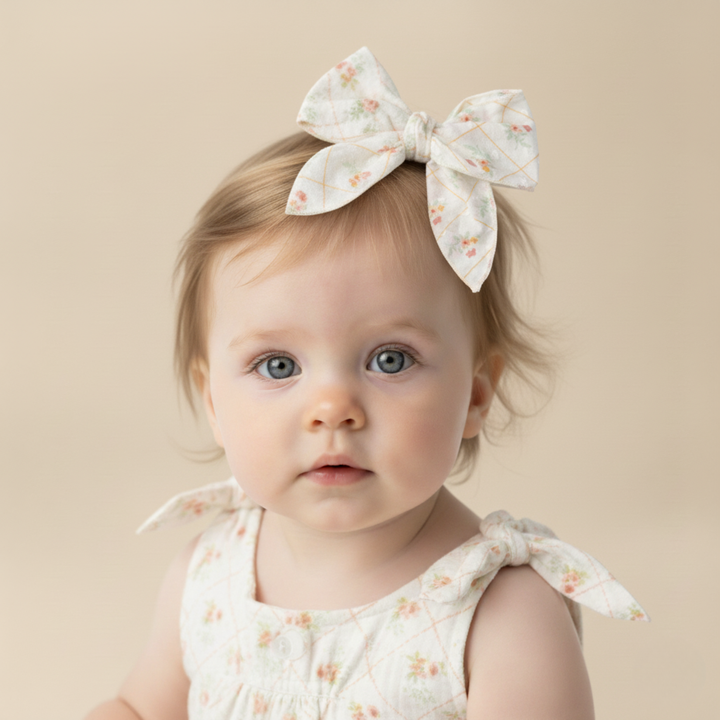 Organic baby hair bow in woven spring texture - MakeMake Organics gentle clip for fine hair