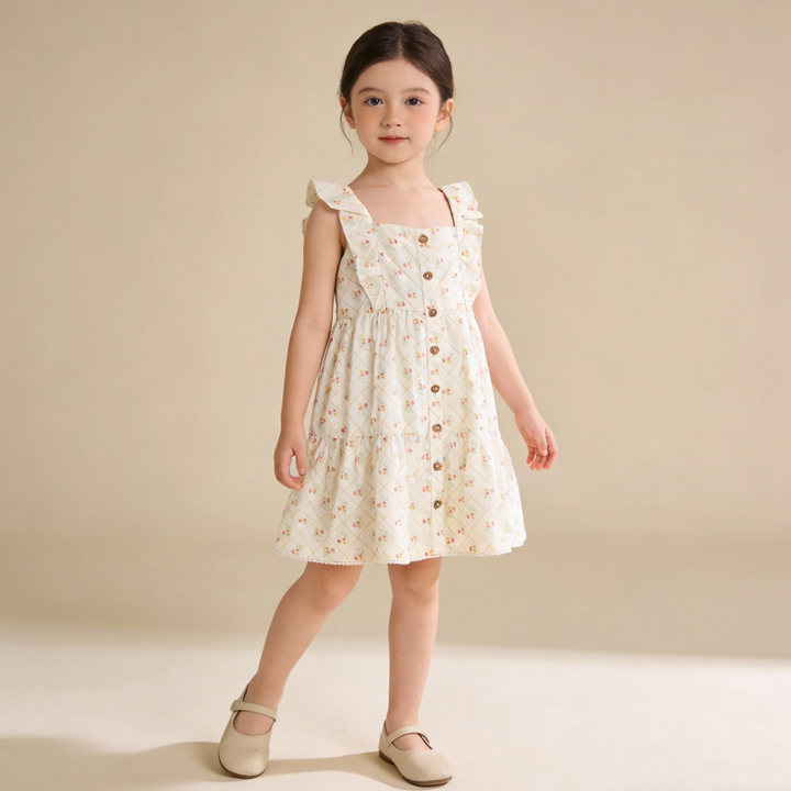 MakeMake Organics Spring Weave Flutter Tiered Dress - organic cotton textured baby button dress
