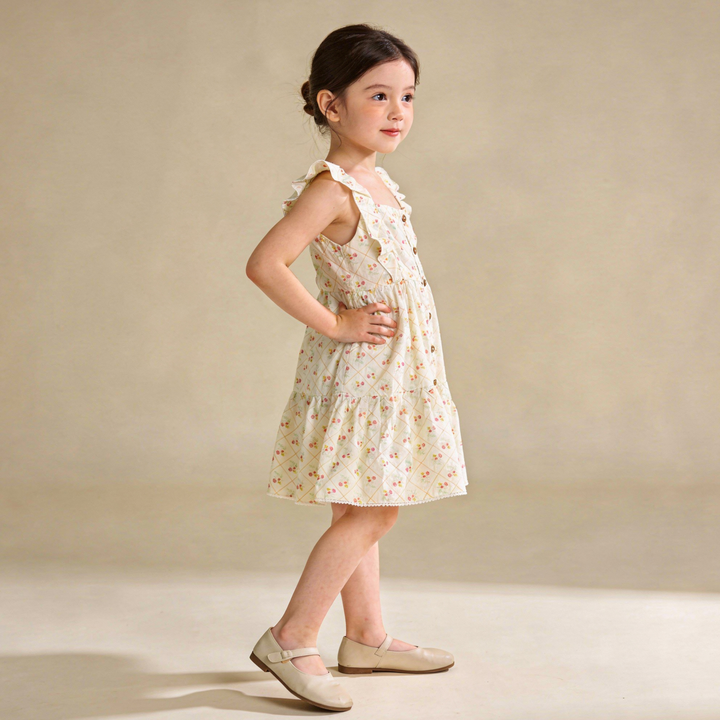 Spring weave organic tiered flutter dress back view - MakeMake Organics woven cotton baby dress