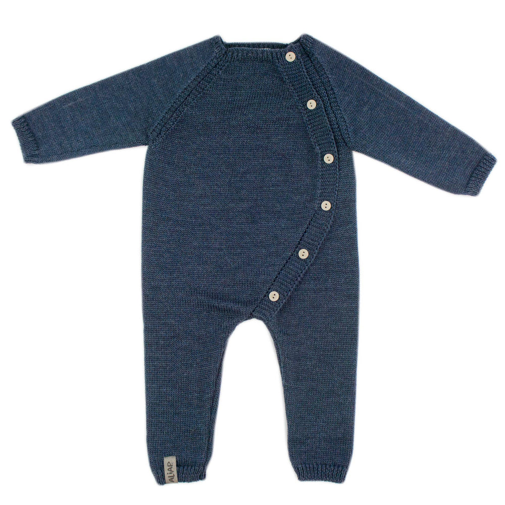 ALIAP Merino Wool Plain Knit Baby Bodysuit in Dark Navy, side button wool jumpsuit for babies 3 to 9 months