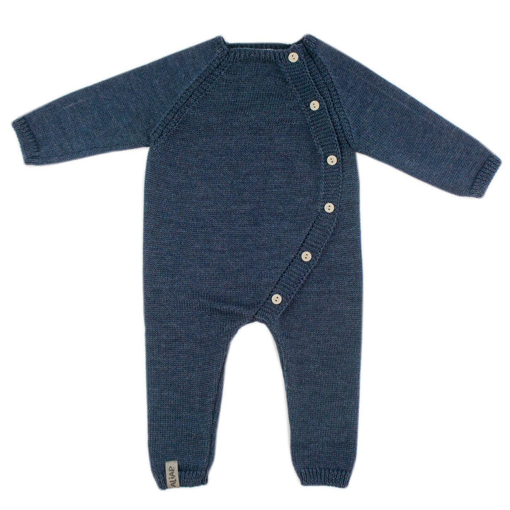 ALIAP Merino Wool Plain Knit Baby Bodysuit in Dark Navy, side button wool jumpsuit for babies 3 to 9 months