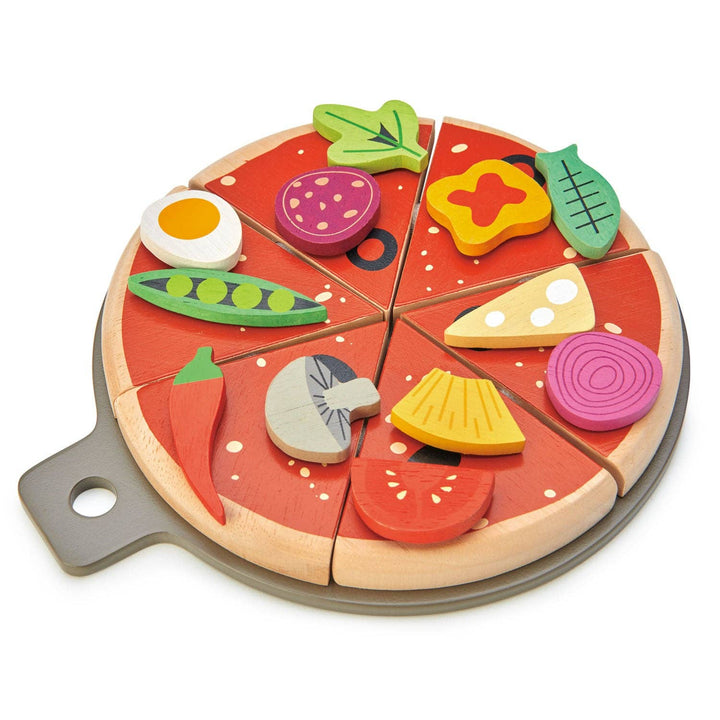 Tender Leaf Toys Pizza Party wooden pretend pizza set with six slices and colorful toppings